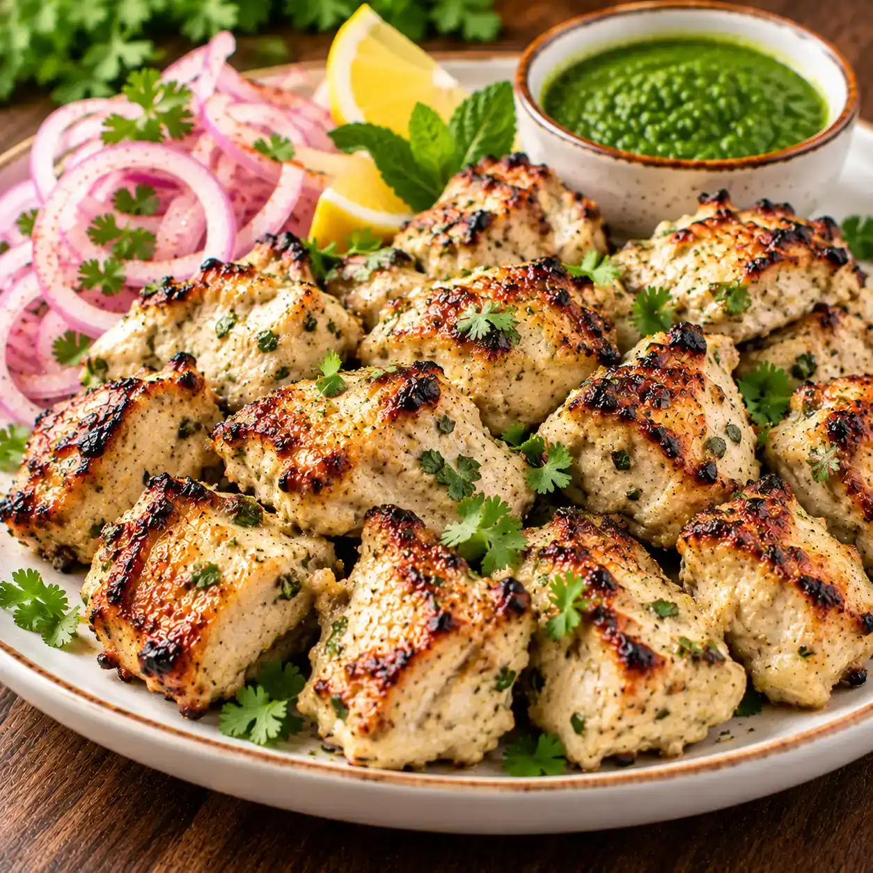 Malai Chicken Tikka — Tender chicken marinated in a creamy, mildly spiced malai mixture at Apna Bazar - Eatery